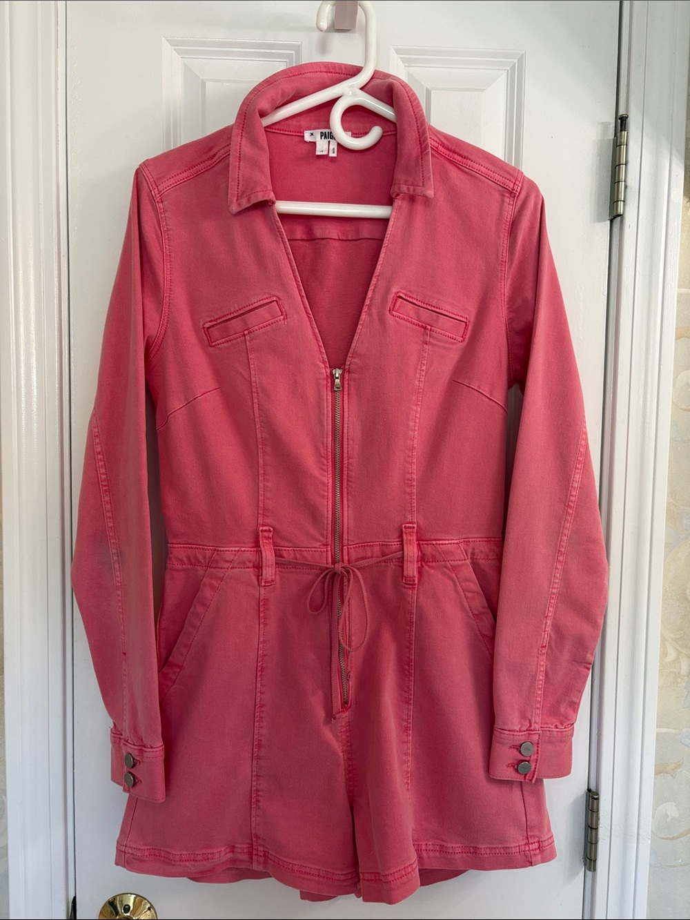 PAIGE Coral Pink Zip-Front Romper with Drawstring Waist